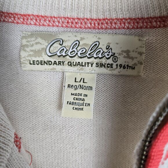 Cabela's Cream Orange Cardigan Sweater L Merino Wool Zip Embroidered Flower Boho - Picture 4 of 6